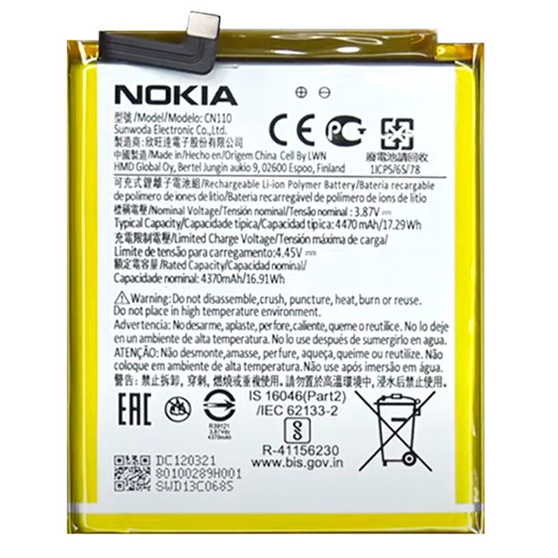 CN110 Battery Replacement For Nokia X100 X20 TA-1341 X10 TA-1350 5G 4370mAh 3.8V (image for) CN110 Battery Replacement For Nokia X100 X20 TA-1341 X10 TA-1350 5G 4370mAh 3.8V